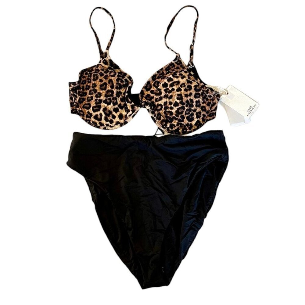 NWT Good American Leopard Bikini Top with Black Bottom - Size 4(XL)